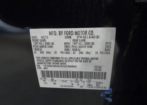 2013 Ford Explorer Xlt from USA, damaged, VIN 1FM5K8D8XDGC66892